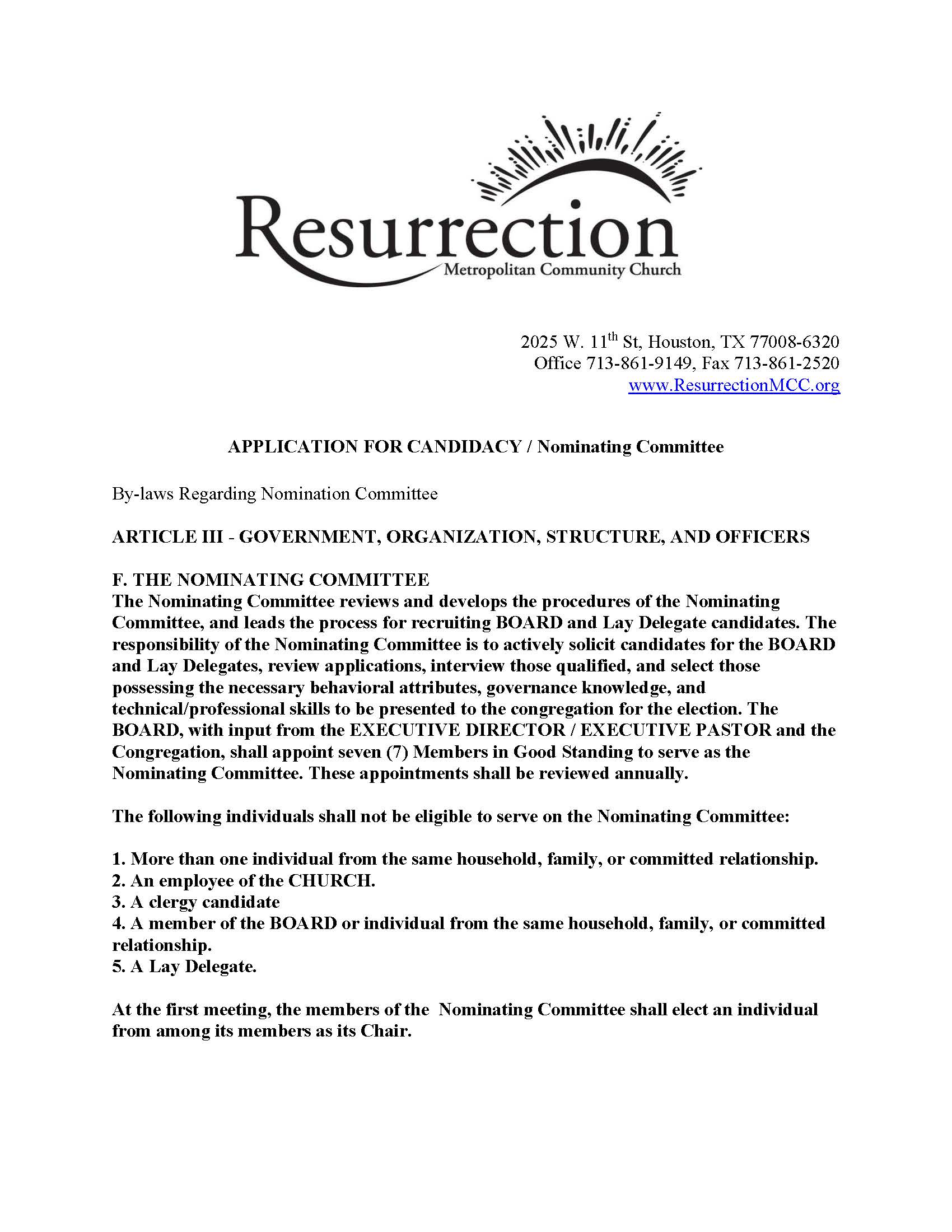 Nominating Committee Application Process BOD & Lay Delegates